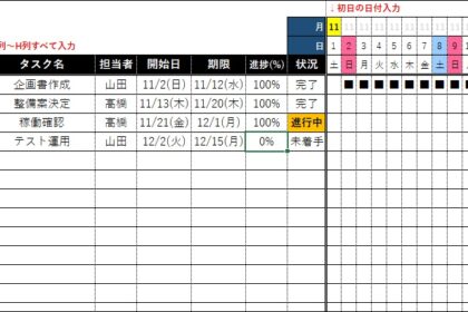 【プロジェクト簡易管理シート/ガントチャート、進捗管理付き】無料Excelテンプレート